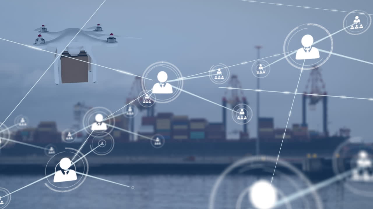 프로파일 아이콘의 네트워크와 배달 상자를 운반하는 드론