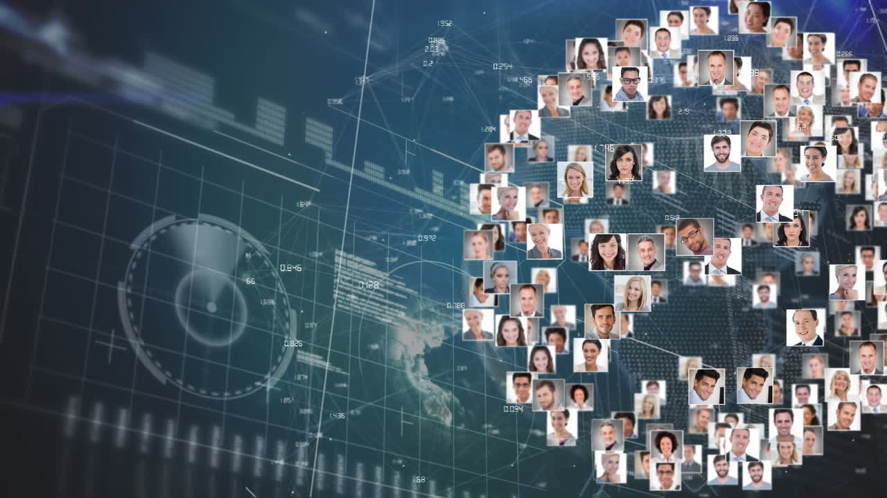 프로필 아이콘이 있는 디지털 글로브는 글로벌 네트워크와 비즈니스를 나타니다.