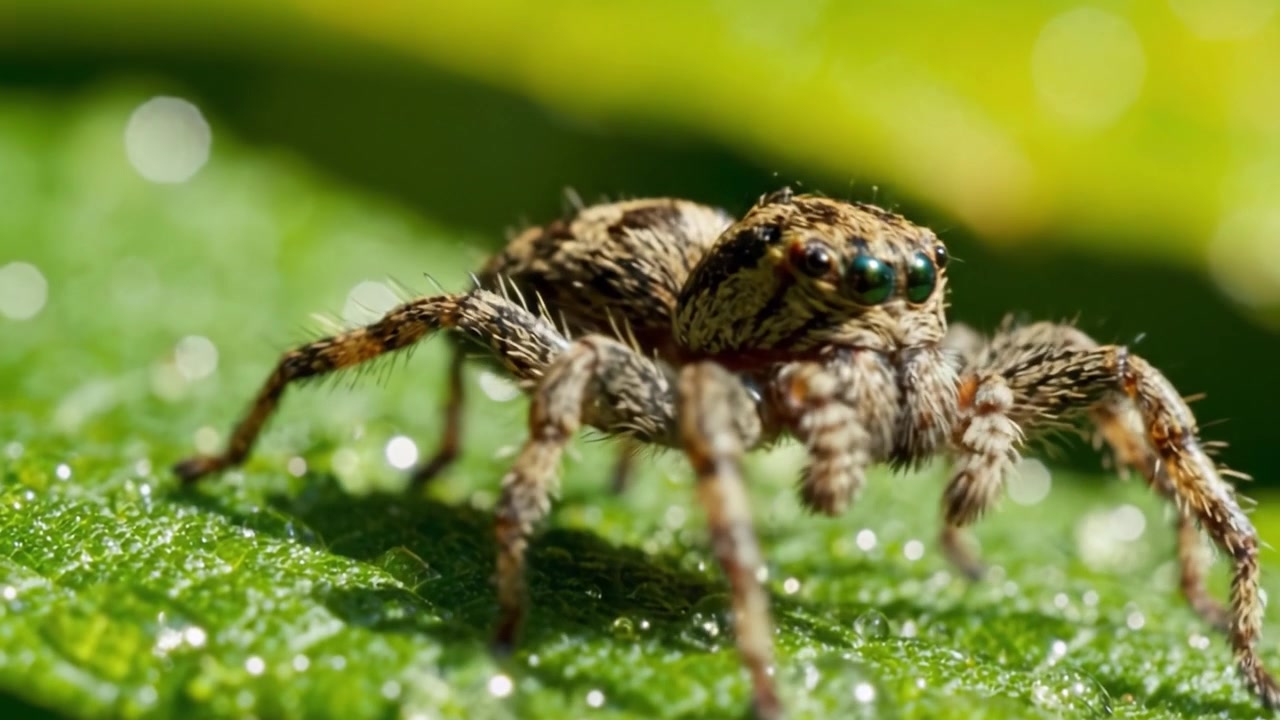 Eine Nahbegegnung mit einer lebendig detaillierten Springspinne auf einem taufrischen Blatt, die die Feinheiten der Natur in atemberaubender Klarheit einfängt.