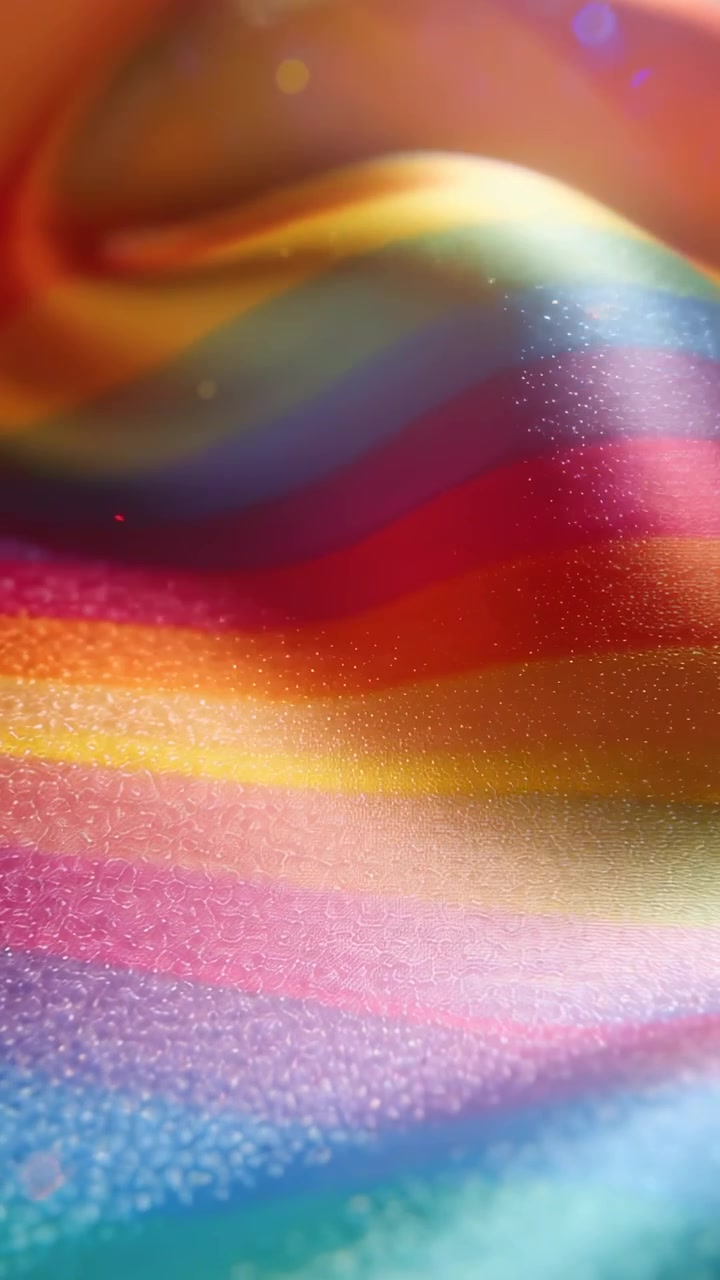 Vidéo verticale : Caméra panoramique en macro studio sur une surface irisée révélant des plis et des textures