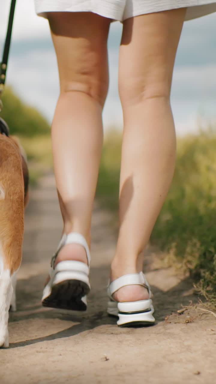 Vista della parte inferiore del corpo di una donna che porta a spasso il cane al guinzaglio accanto al figlio su una strada sterrata, circondata da una vegetazione lussureggiante e cespugli, con una vista parziale di un'altra persona sullo sfondo
