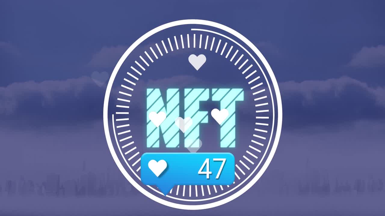 소셜 미디어 아이콘의 애니메이션은 증가하는 수와 범위로 도시 풍경 위에 nft 텍스트를 스캔합니다.