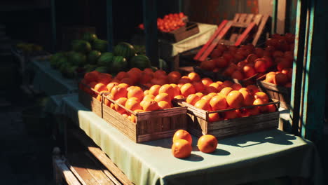 fruit stand with oranges and watermelons