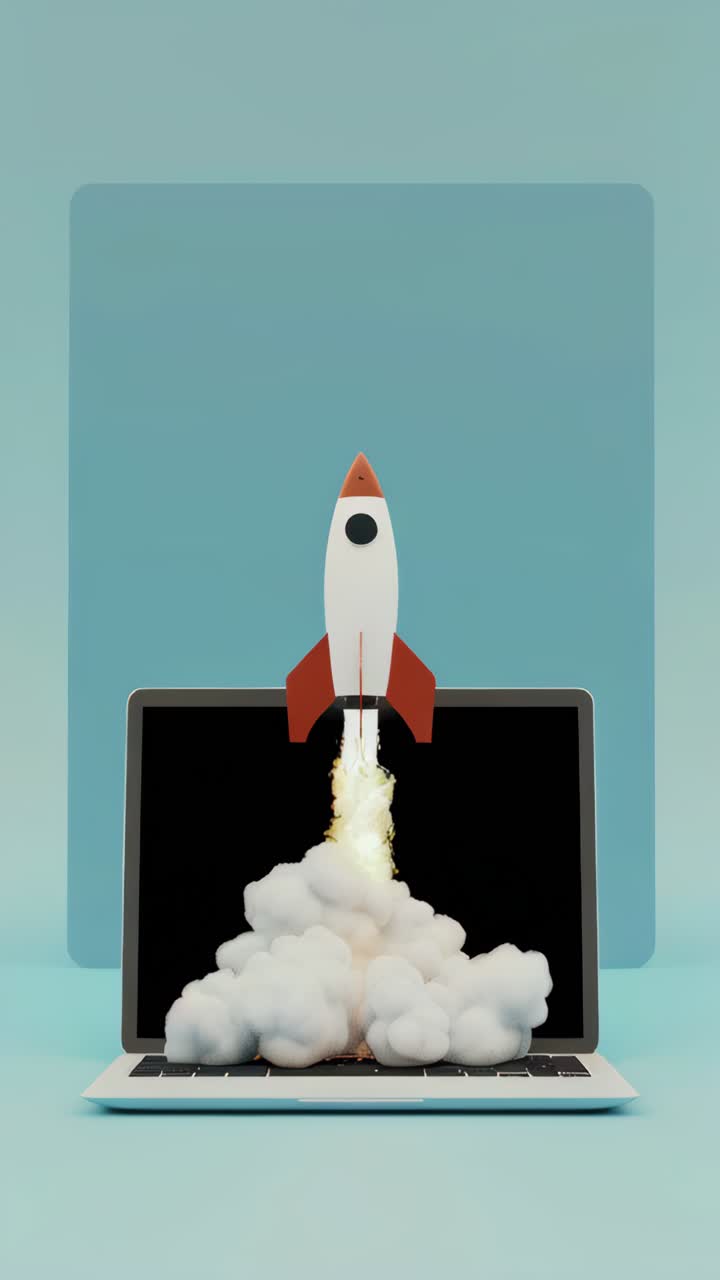 A white rocket is launching into the sky, with a laptop screen showing the launch