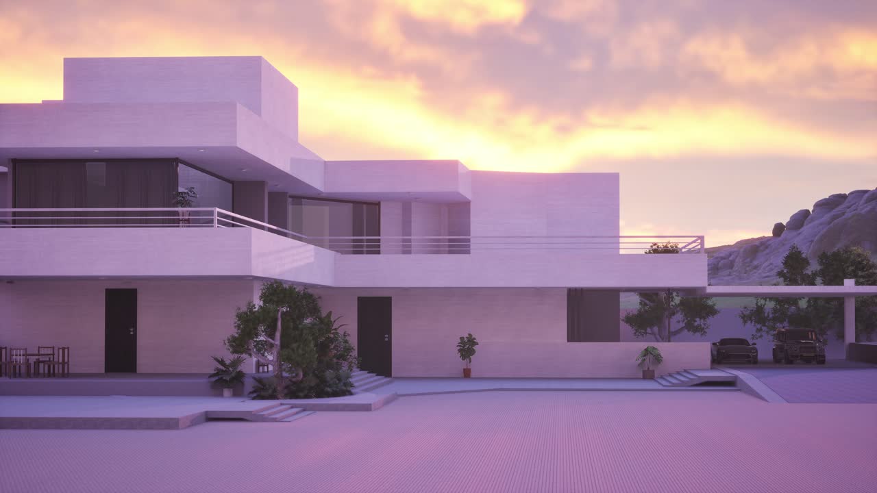 Moderne minimalistisk hus ved solnedgang