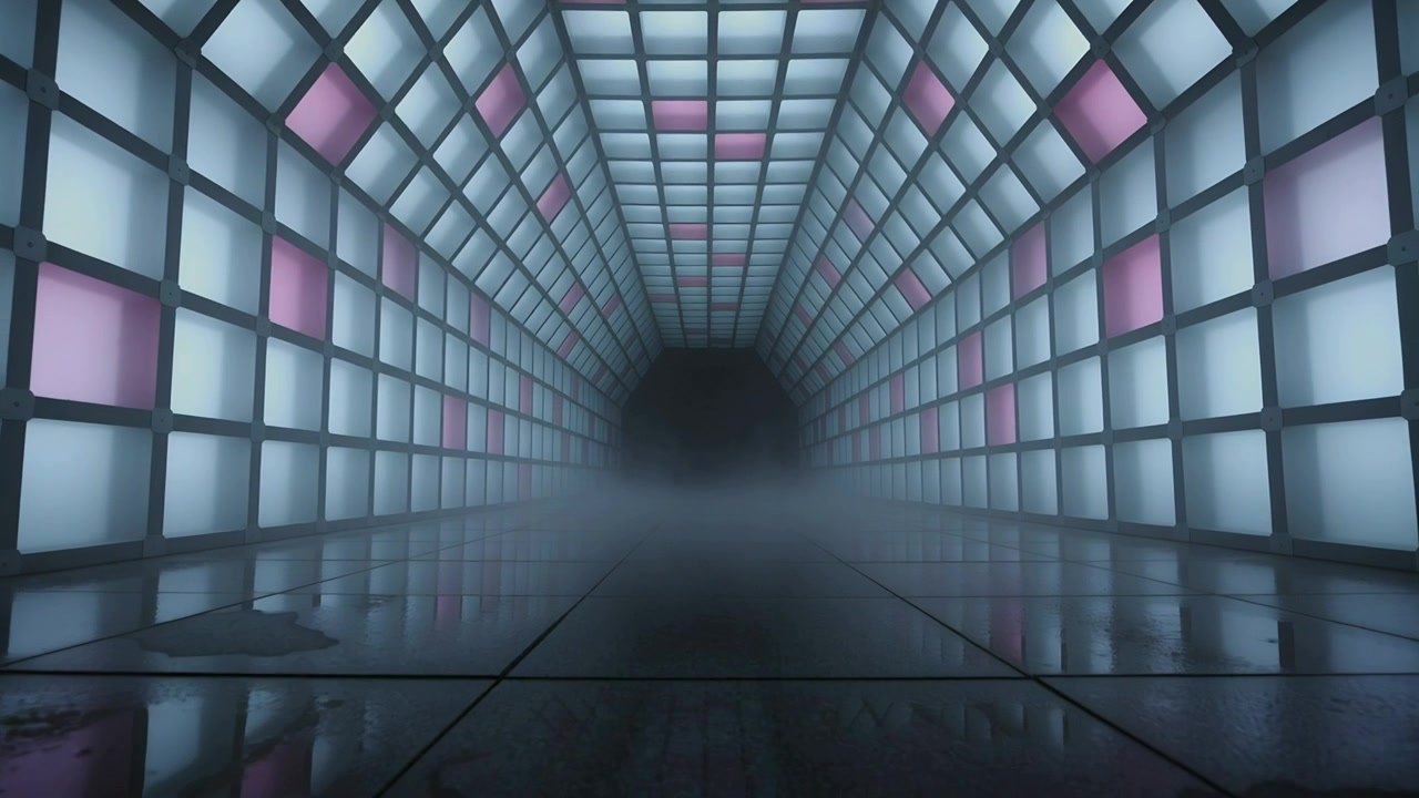 Pulsing square panels in sci-fi tunnel driving fog spreading toward camera reflecting glossy floor