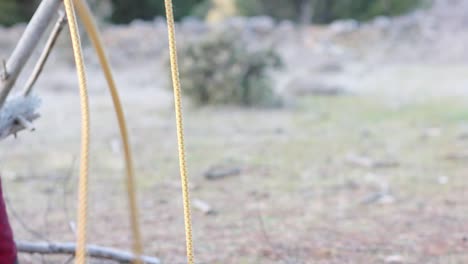 poda en la altura de la cuerda amarilla moviéndose en el bosque