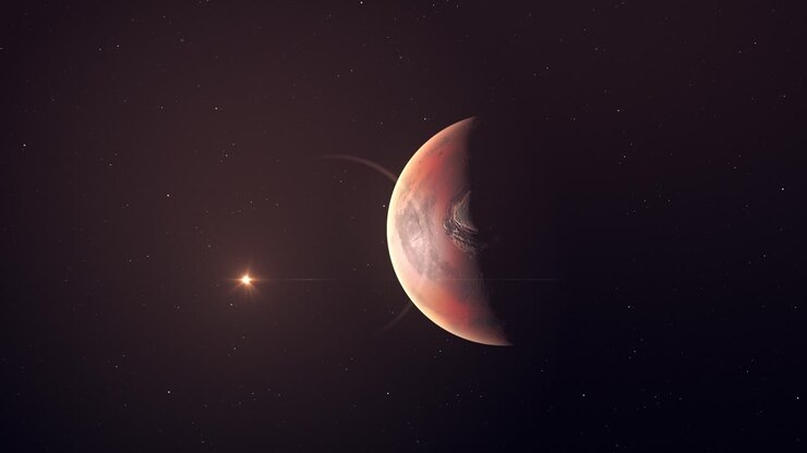 Realistic Planet Mars And Glowing Sun View On Space