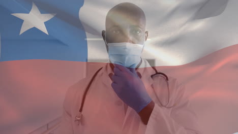 animation of flag of chile waving over doctor wearing face mask