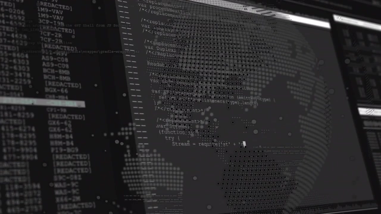 Globo che si affina attiva lo scorrimento del pannello di registro mentre il codice si aggiorna, mostrando una dashboard di cybersecurity.