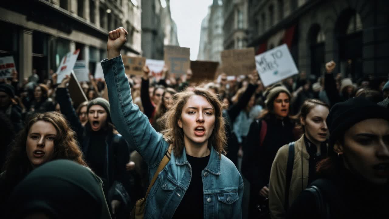 A dynamic street-level video captures a protest with diverse people holding signs