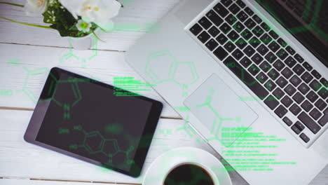 chemical formulas and molecular structures animation over laptop, tablet, and coffee cup