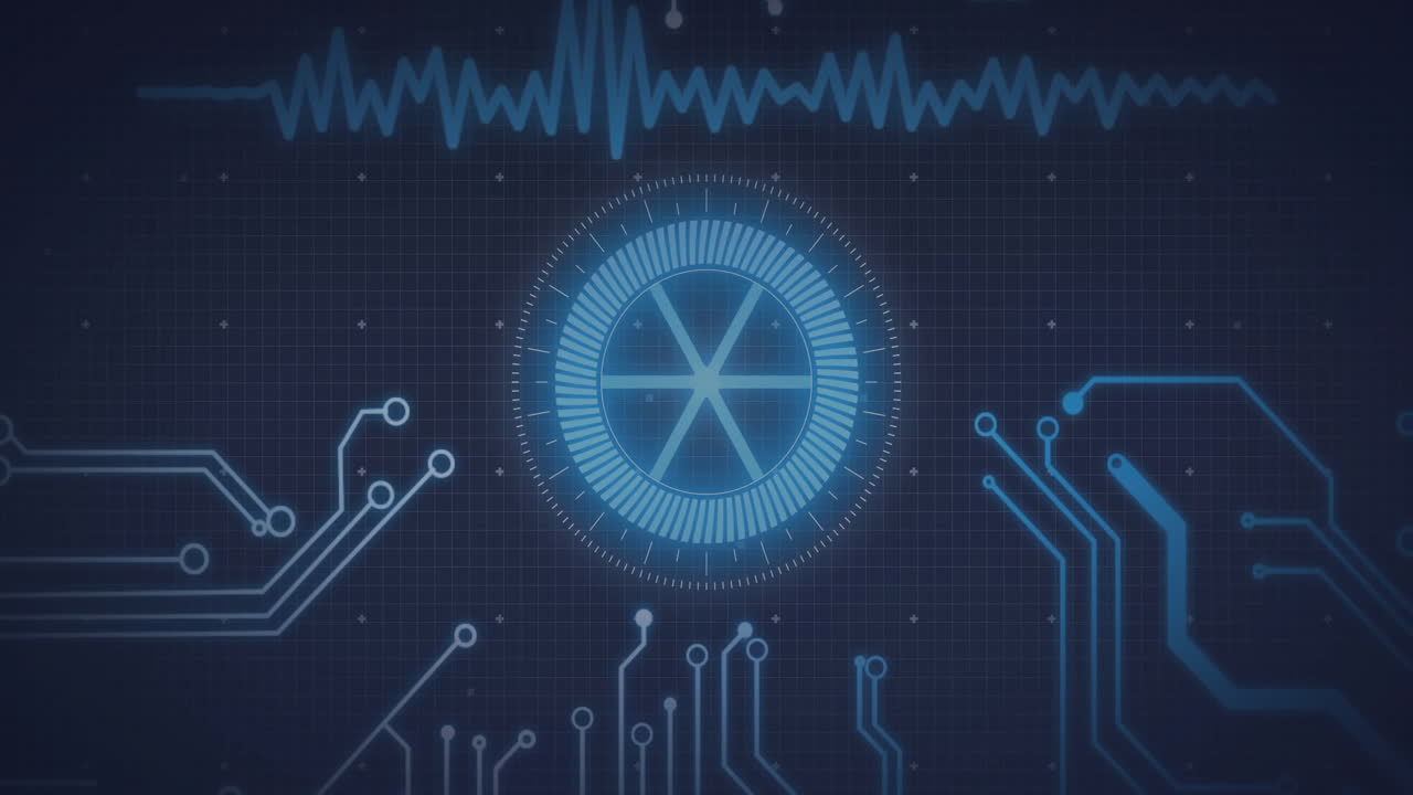Animation of data processing with scope scanning on black background