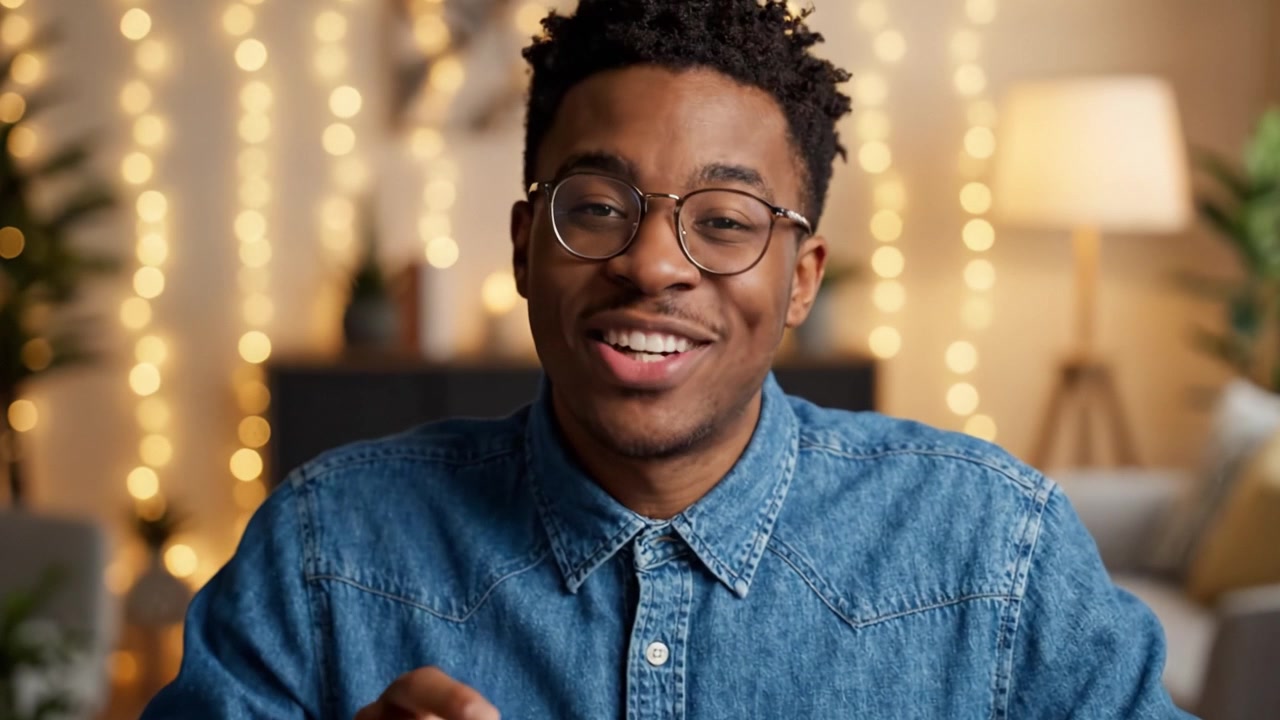 Engaging Young Man Sharing Insights in Cozy, Atmospheric Room with Warm Lighting and Indoor Plants, Capturing Attention with Genuine Smile and Expressive Gestures