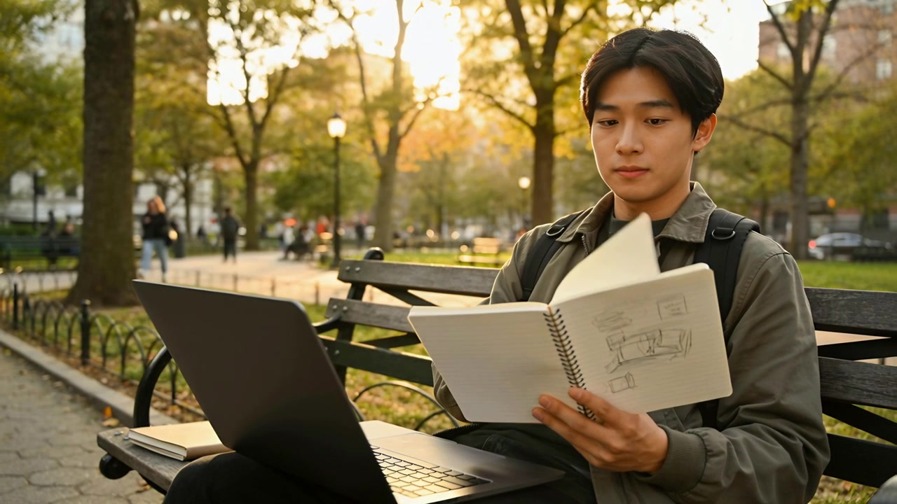 Young Man Working on Laptop and Sketchbook in Park