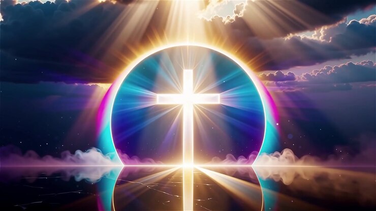 Croce Cristiana Luce Celestiale Sfondo per il Culto.