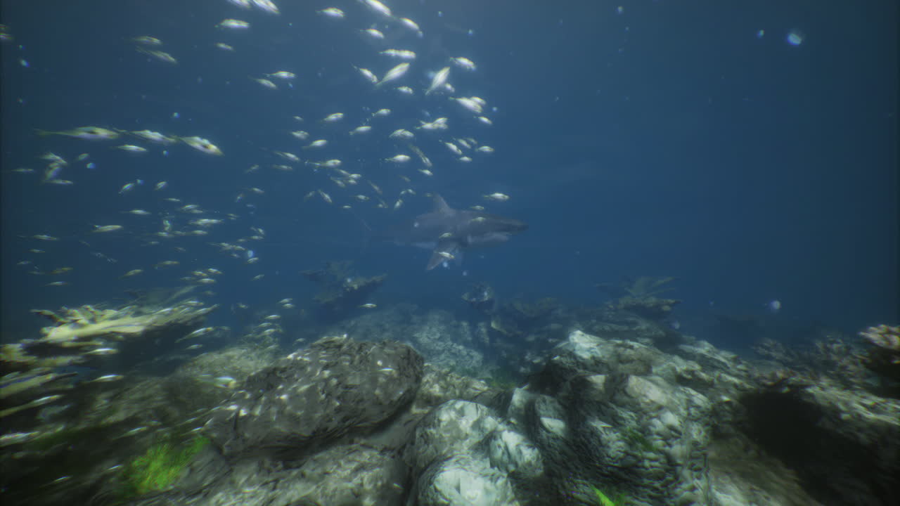 Shark swimming amidst schools of fish in a vibrant underwater environment