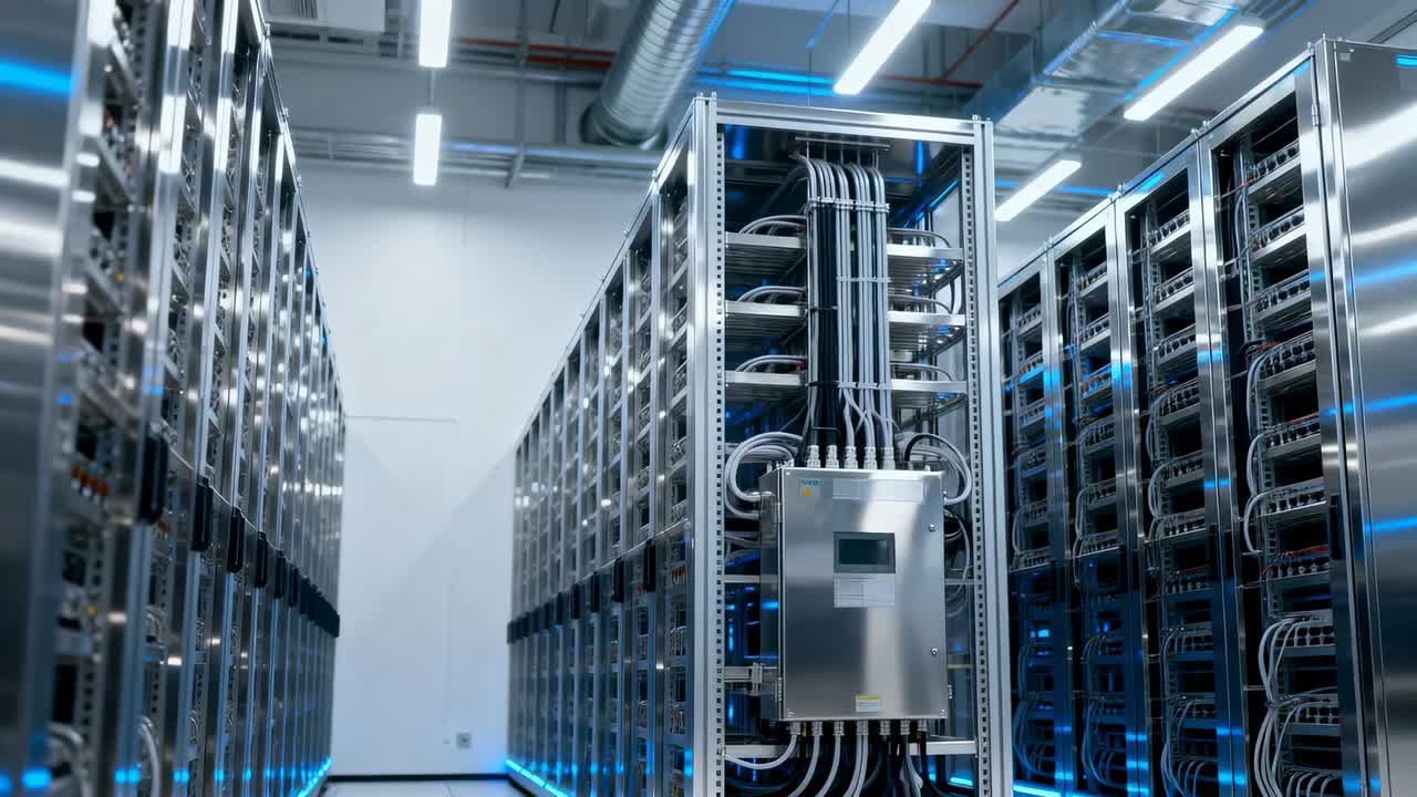 Starting camera moving, showing cable rack, control box and cables for inspection in data center