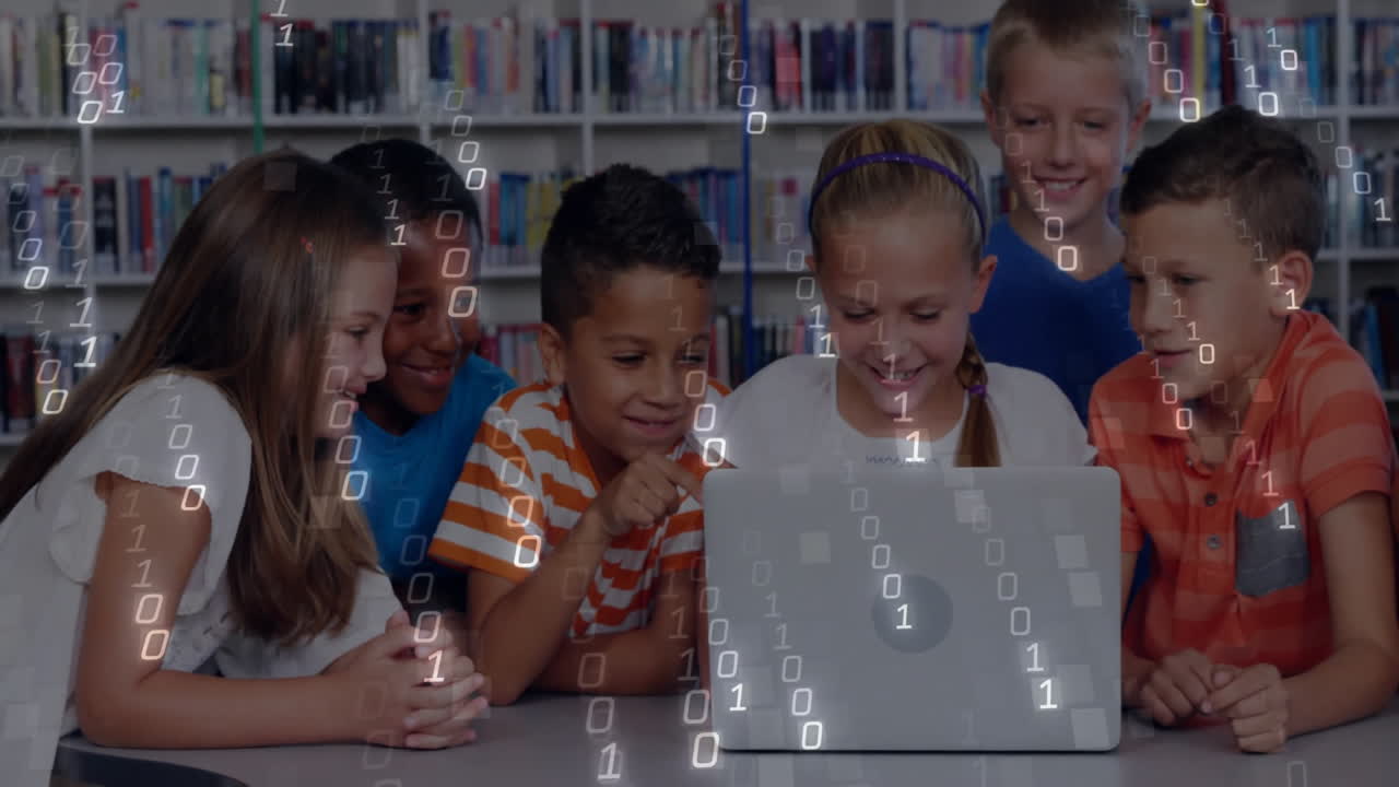 In school, children gathered around laptop with binary code animation overlay