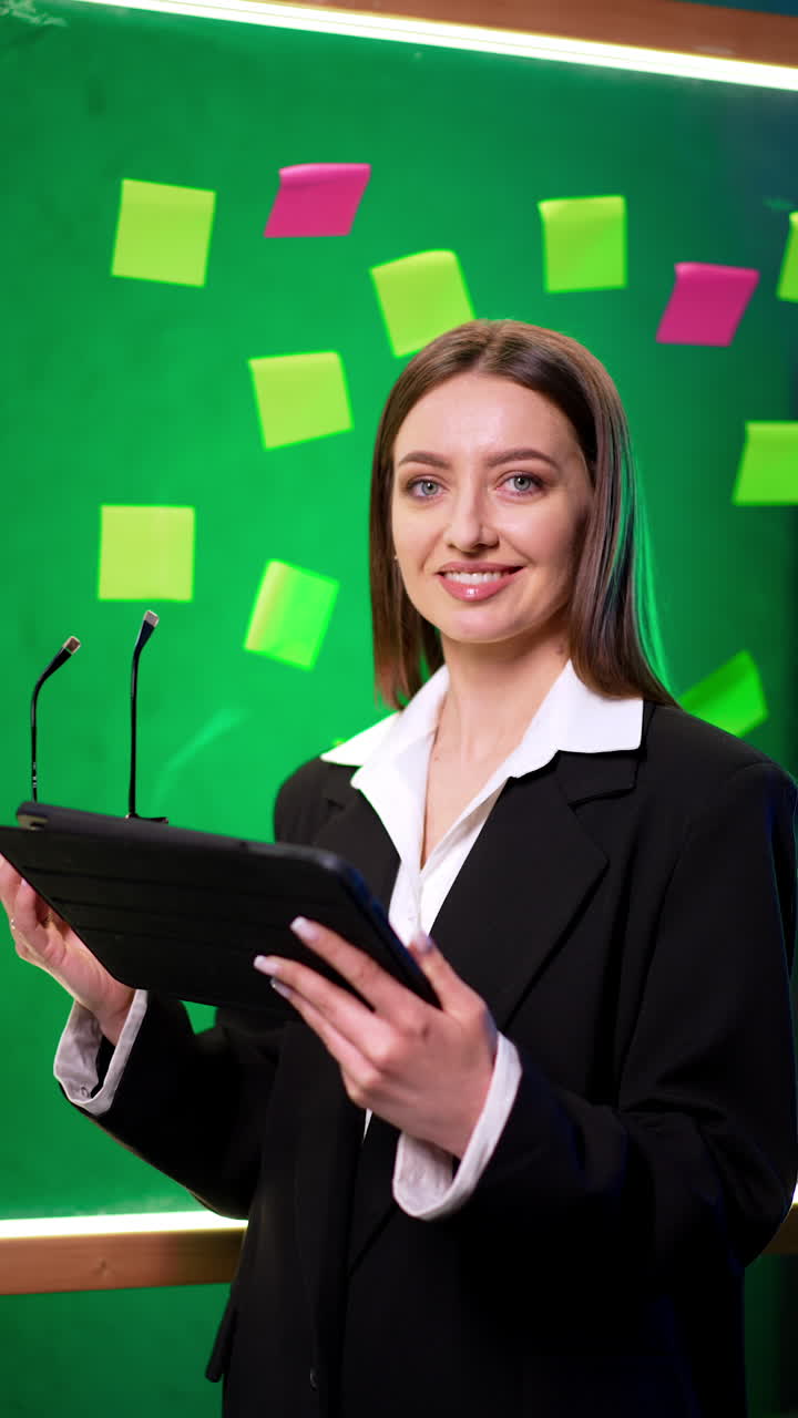Caucasian business lady looks at her tablet. Portrait of a confident happy working woman taking glasses of looking at camera. Vertical video.