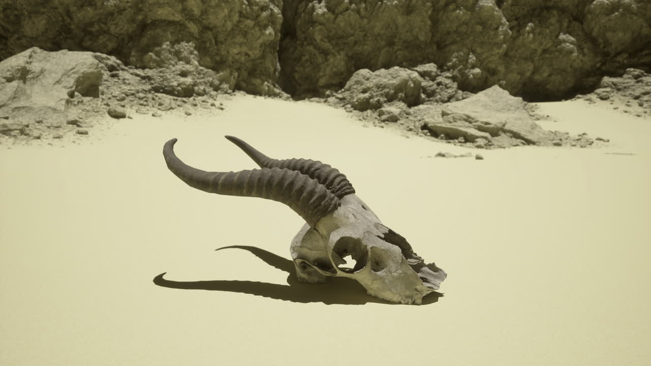 Desert landscape with a weathered goat skull resting on the sandy ground
