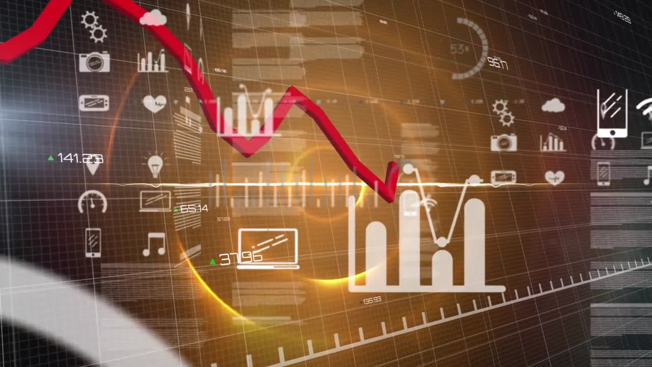Animation of financial data processing with red line and scope scanning