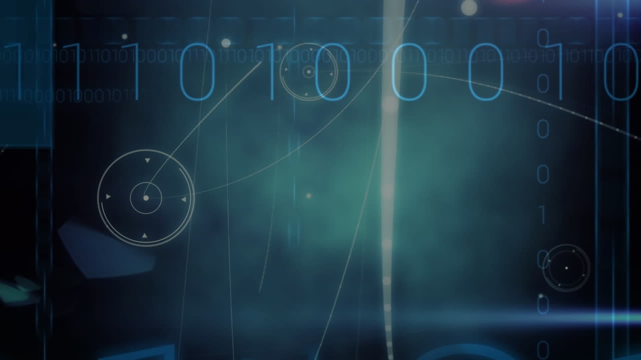 Animation of network of connections and binary coding on blue background