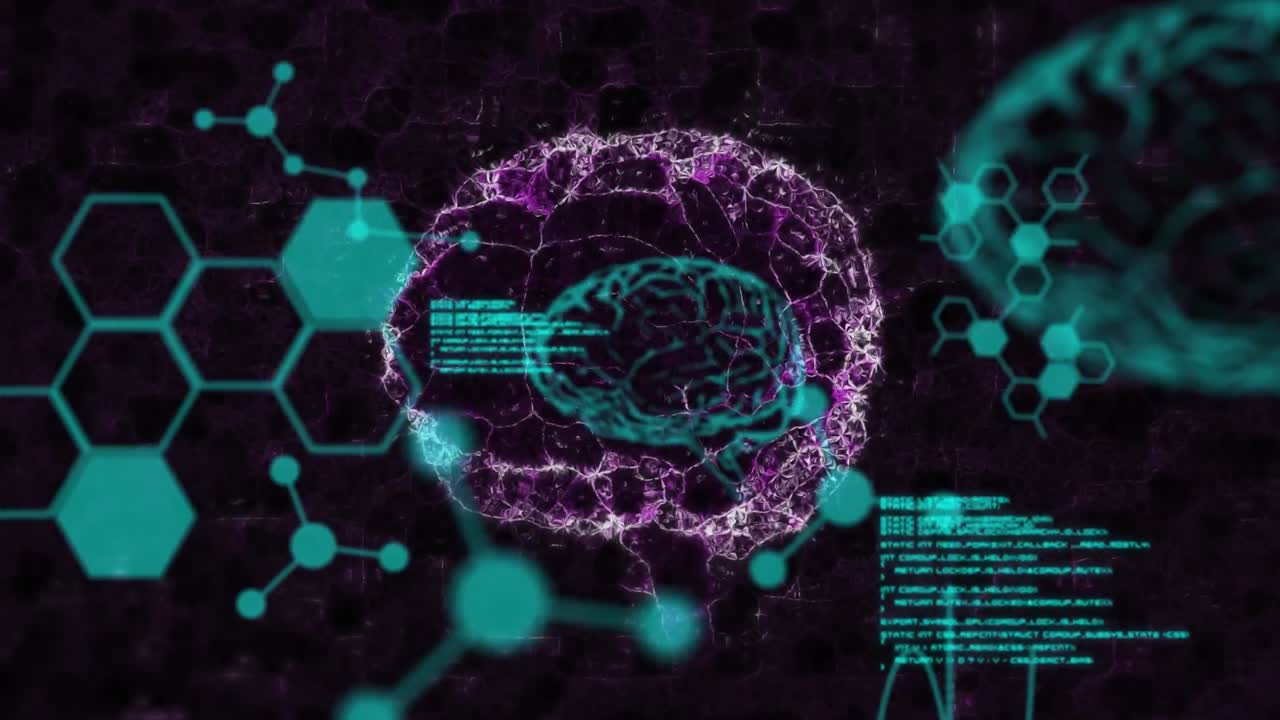 Animation of brain and scientific data processing on black background