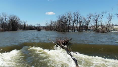 umgestürzter baumstamm an einem kleinen wasserfall in fox river, wisconsin