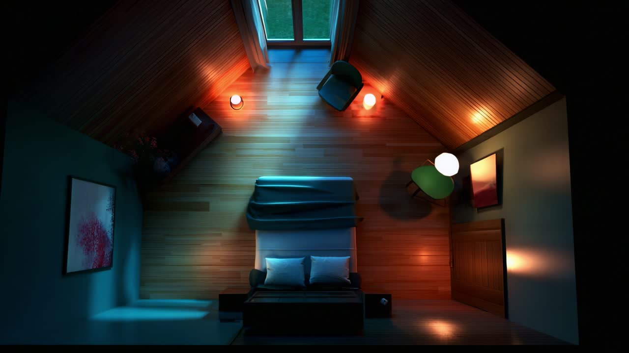 A Cozy Retreat: Captivating Interior Design of a Modern Bedroom with Soft Lighting and Natural Wood Elements, Emphasizing Tranquility and Comfort in a Serene Atmosphere