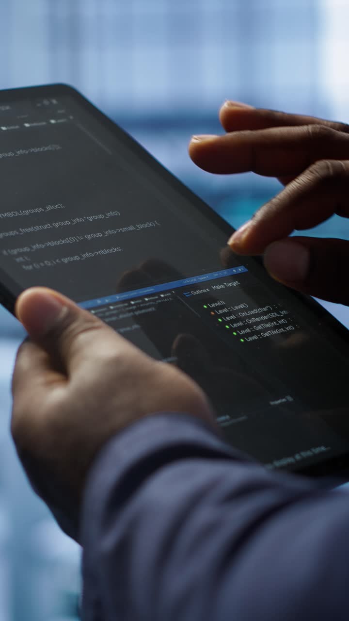 Close-up of Hands Scrolling Code on a Digital Tablet