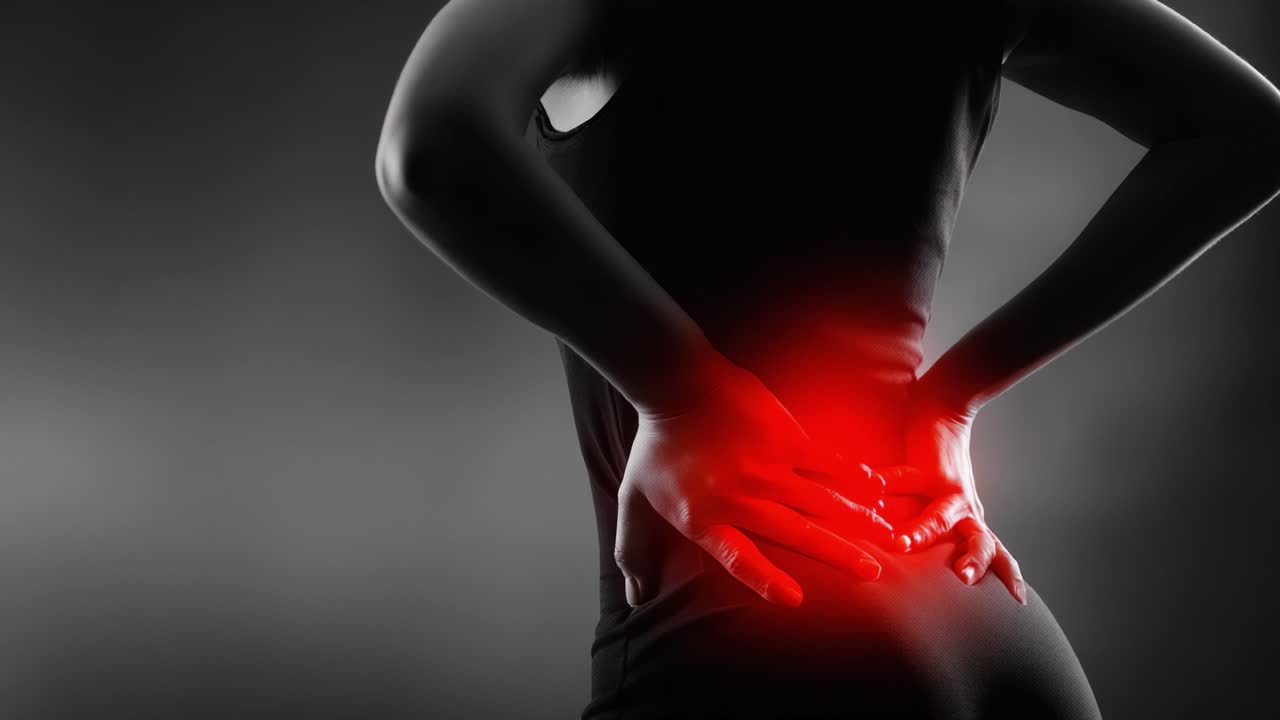 A person experiencing intense discomfort in the lower back area, showcasing the impact of pain and tension on daily life through a striking monochrome visual representation