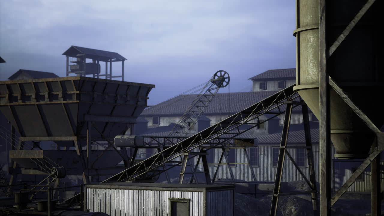 промышленный ландшафт с машинами и конструкциями в сумерках