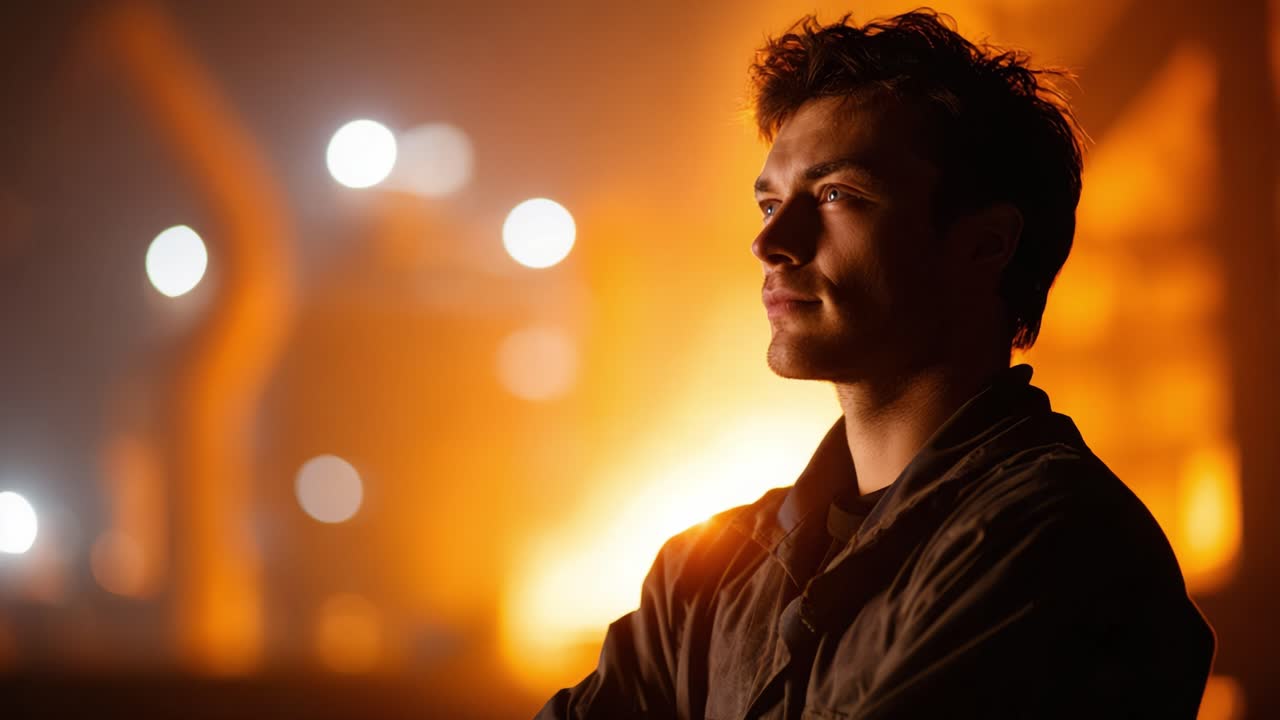 A reflective moment captured in a dimly lit industrial setting, highlighting a young man's contemplative expression against a backdrop of soft, warm lights