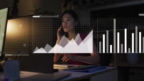 Animación-Del-Procesamiento-De-Datos-Estadísticos-Sobre-Una-Mujer-Asiática-Hablando-Por-Teléfono-Inteligente-Trabajando-Hasta-Tarde-En-La-Oficina