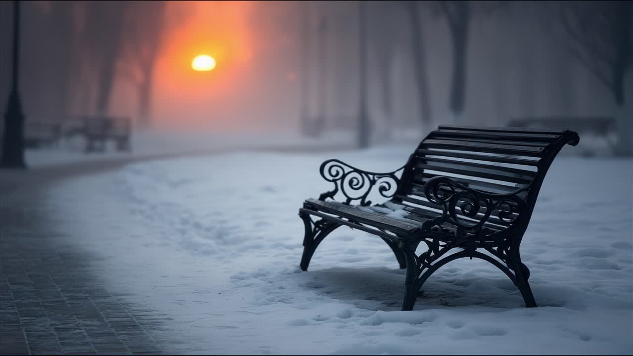 A Peaceful Winter Scene: A Vintage Park Bench Surrounded by Soft Snow and Mist, Capturing the Ethereal Glow of a Twilight Sun in the Background