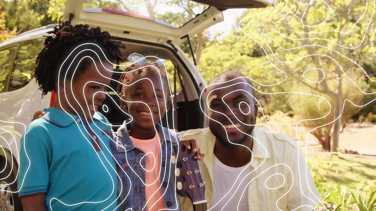 공원에서 웃고 있는 아프리카계 미국인 아버지, 딸, 아들 의 초상화 에 대한 지형