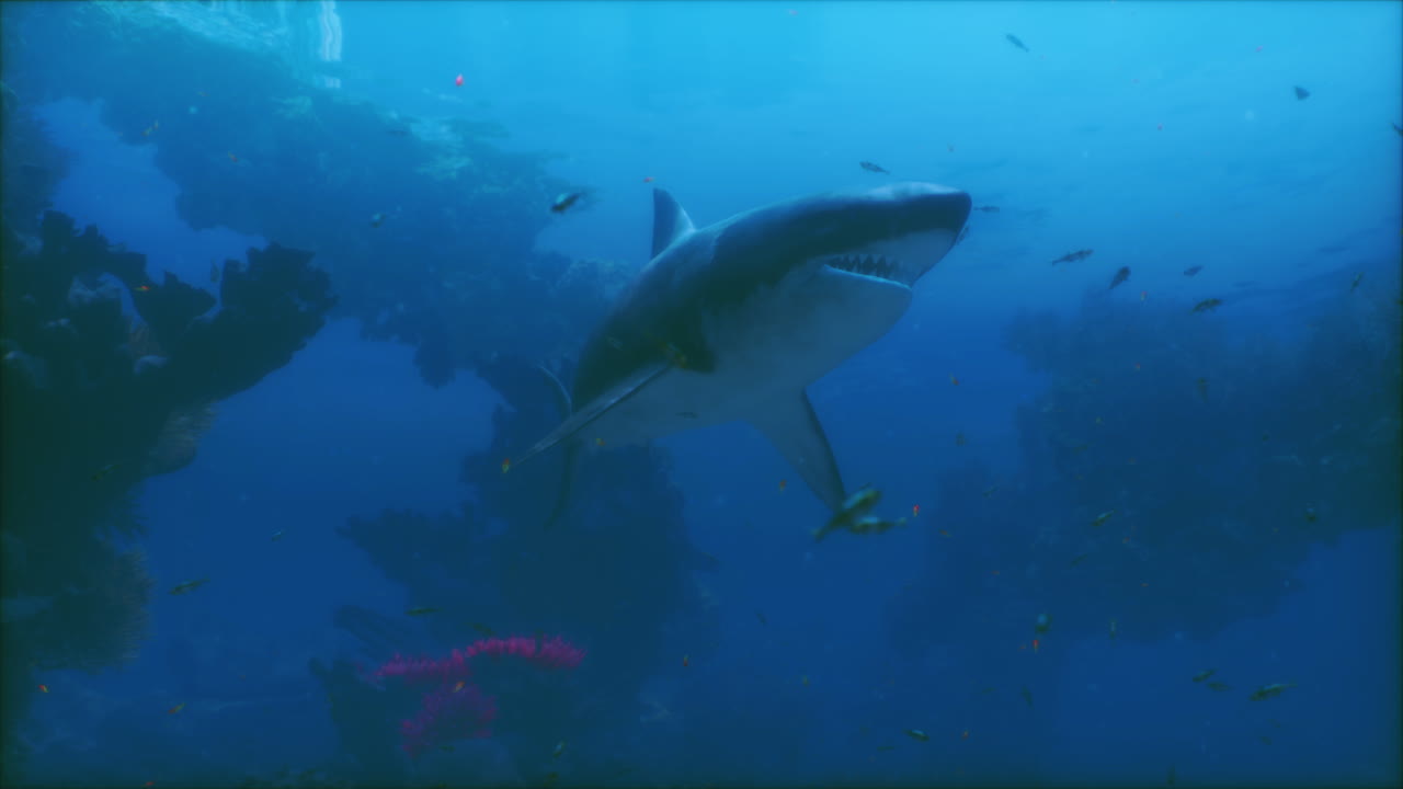 gran tiburón blanco nadando en las vibrantes aguas de los arrecifes de coral durante el día