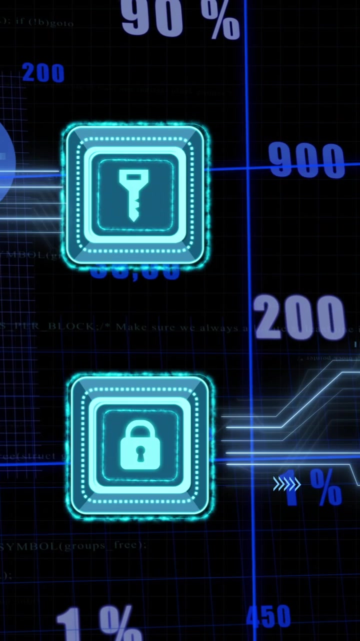 Animation of data processing and padlock and key icons over dark background