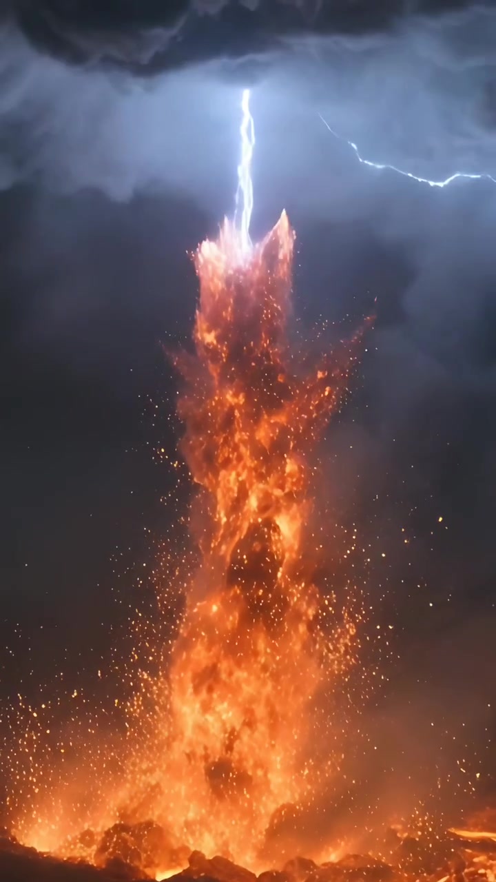 Video vertical: Rayo impactante alimentando un pilar de lava en una base fundida, brotando y desprendiendo ascuas