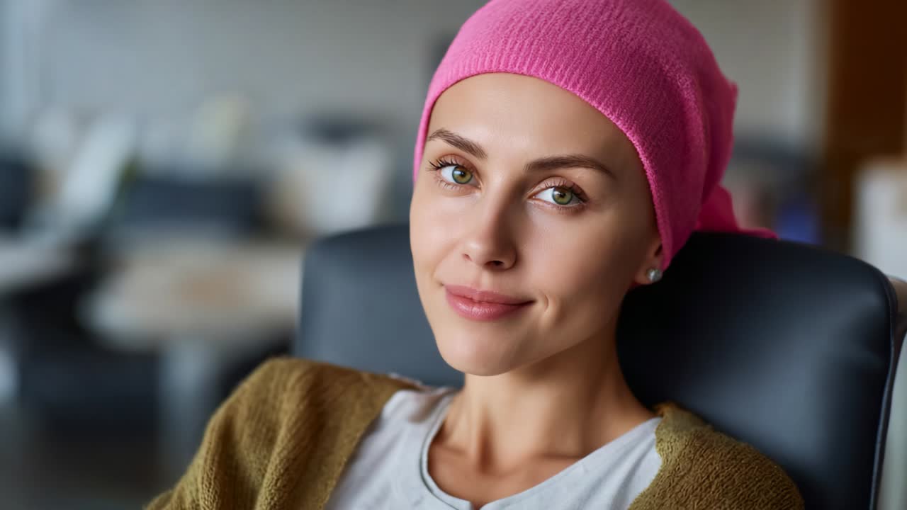 A Young Woman with a Pink Headscarf Exhibiting Resilience and Positivity While Resting in a Chair, Radiating Inner Strength and Confidence Despite Challenges, Captured in a Brightly Lit Environment