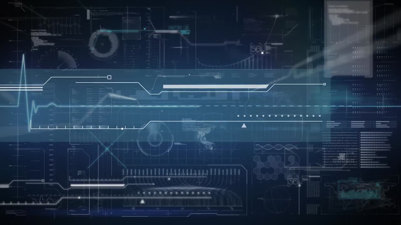 Animation of heart rate monitor against statistics processing and scientific data