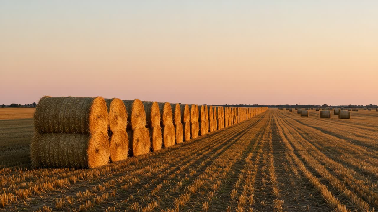 Golden Bales of Hay Line a Serene Agricultural Landscape at Sunset, Showcasing the Beauty of Rural Life and the Fruits of Harvesting Season