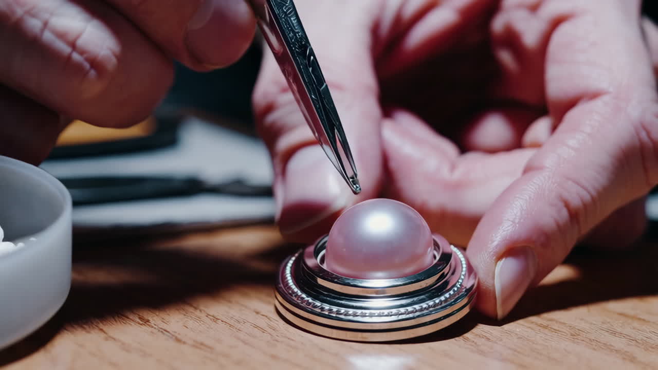 Close-up of a jeweler setting a pink pearl brooch