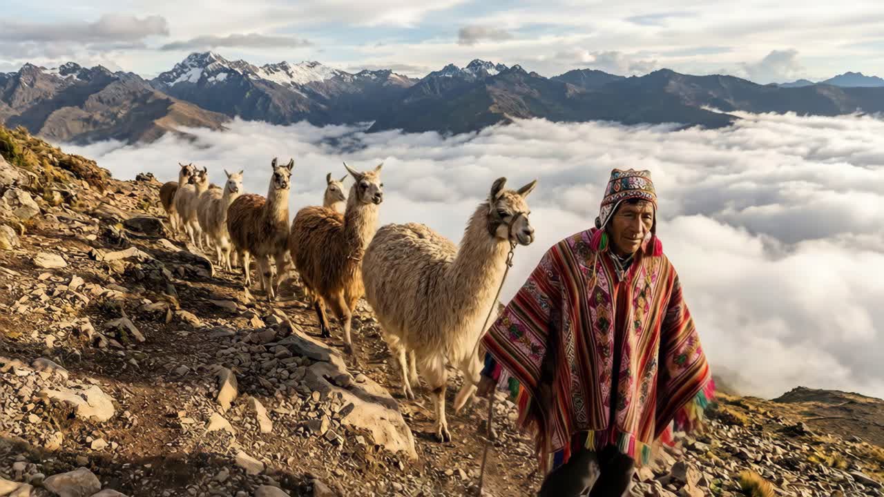 Lhamas e homem indígena nas montanhas dos Andes