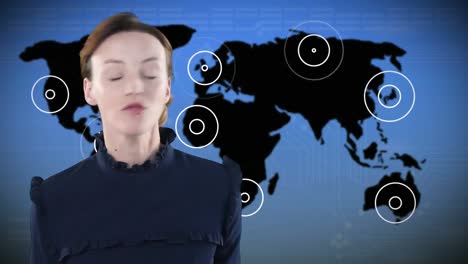 Animation-of-a-Caucasian-woman-looking-angry-over-a-world-map-with-pulsing-spots