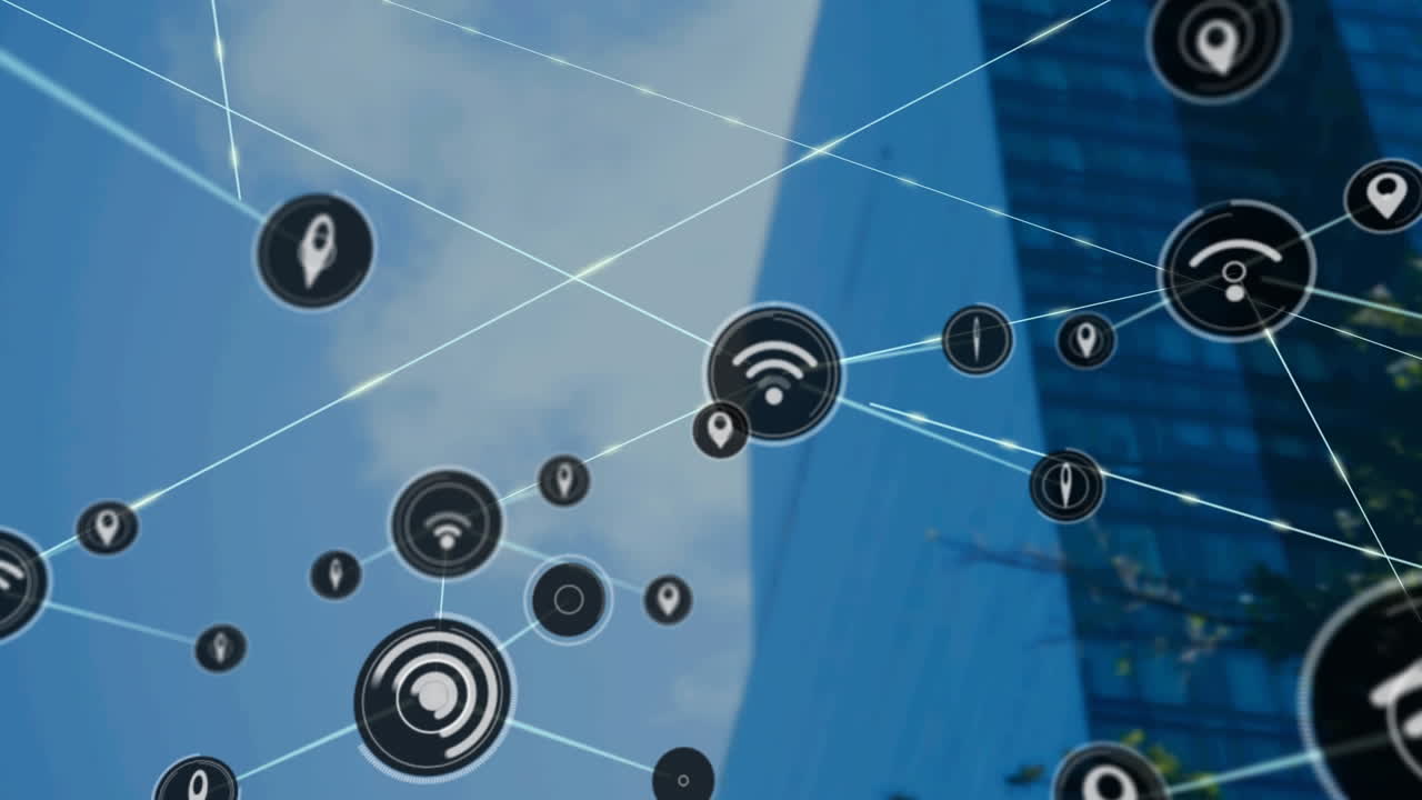 animación de la red de conexiones con iconos sobre un edificio de oficinas moderno