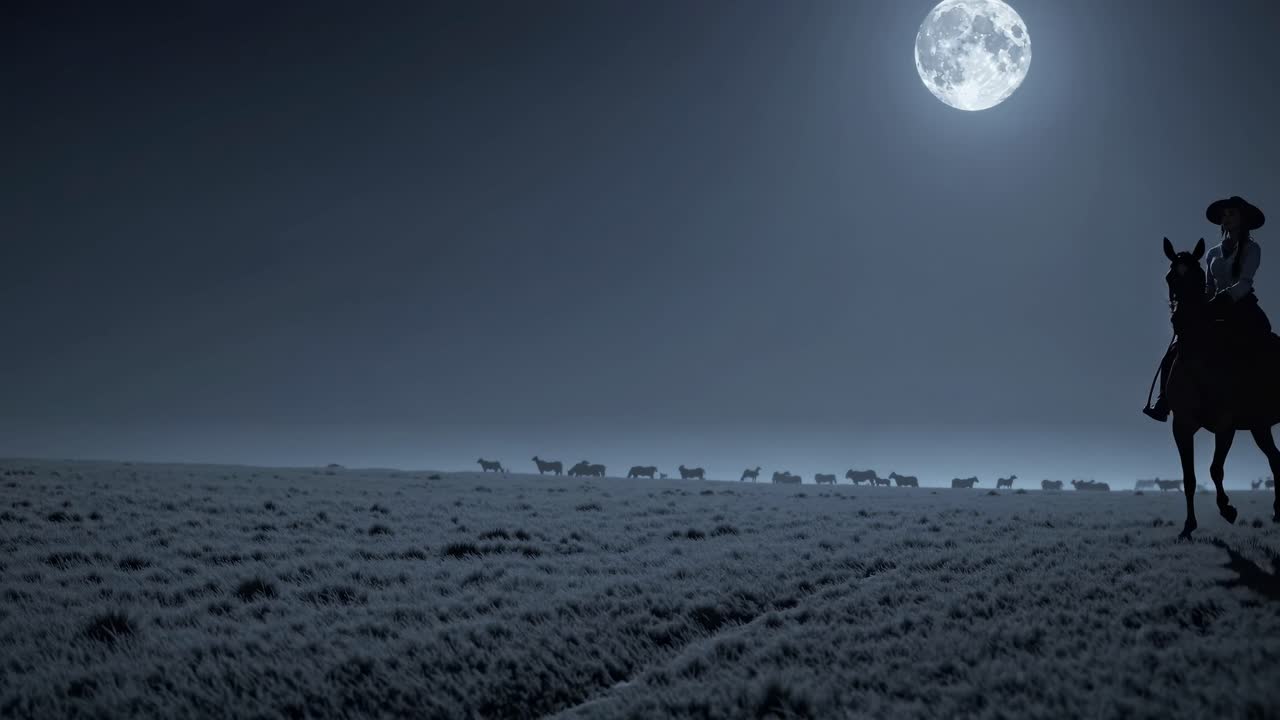 Cowgirl Riding Horse at Night Under Full Moon