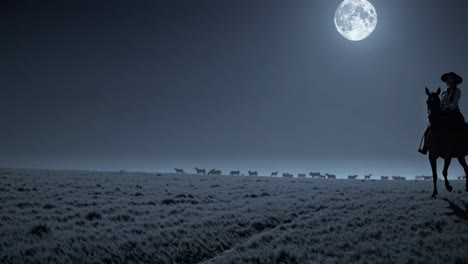cowgirl riding horse at night under full moon