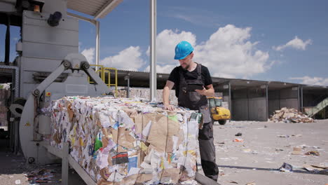 trabajador inspecciona balas de papel en una instalación de reciclaje al aire libre, toma completa